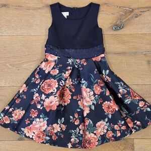 Bonnie Jean Navy and Coral Floral Dress
